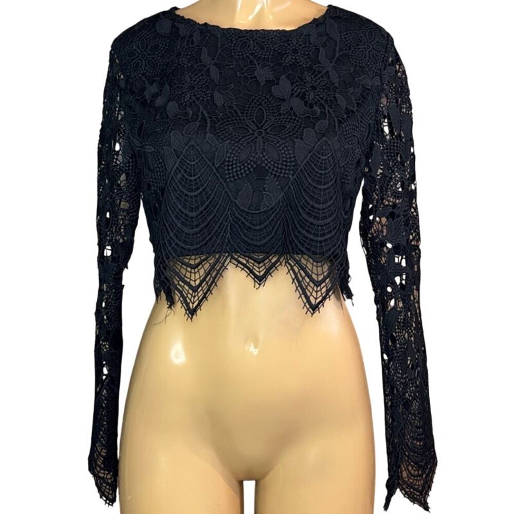 Airlie Mika Lace Crop Top Sheer Long Sleeve Black Size 8 Medium NWT